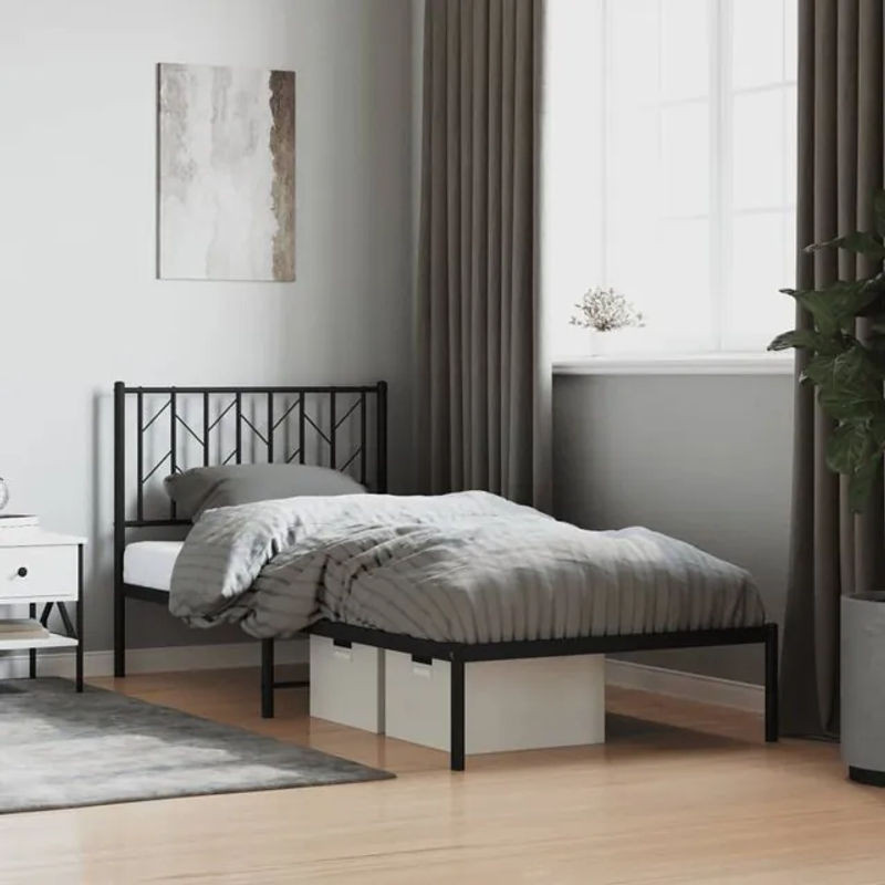 Vidaxl Metall-Bettgestell mit Kopfteil in Schwarz, klassisches Design aus Stahl, B/T/H: 90 x 200 cm - Bild 1