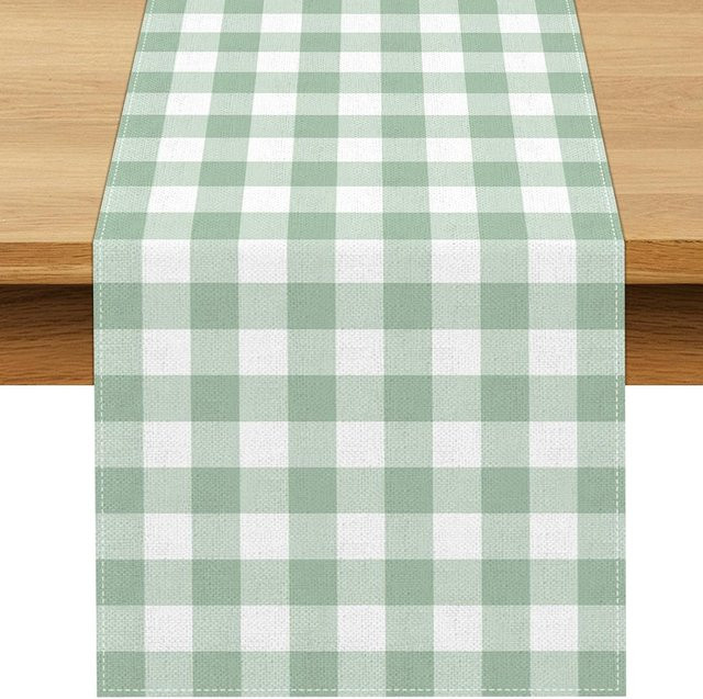 JINGYUE Pet Tischläufer aus Leinen in Salbeigrün, kariertes Design für Landhausstil, B: 150 cm, T: 33 cm - Bild 1