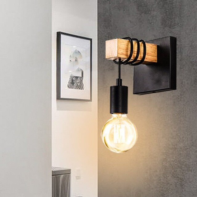 OSABO Retro Holz LED Wandleuchte E27 in Schwarz für Wohnzimmer und Badezimmer - Bild 1