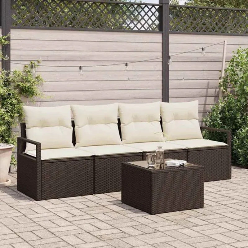 5-teiliges modernes Garten Sofa Set von vidaxl aus braunem Poly-Rattan mit Kissen in Creme und Beige - Bild 1