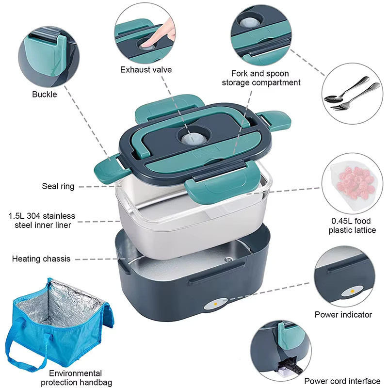 WUIETI 2-in-1 Elektrische Lunchbox 60W Tragbarer Edelstahl-Speisenwärmer für Zuhause und Auto in Silber - Bild 6