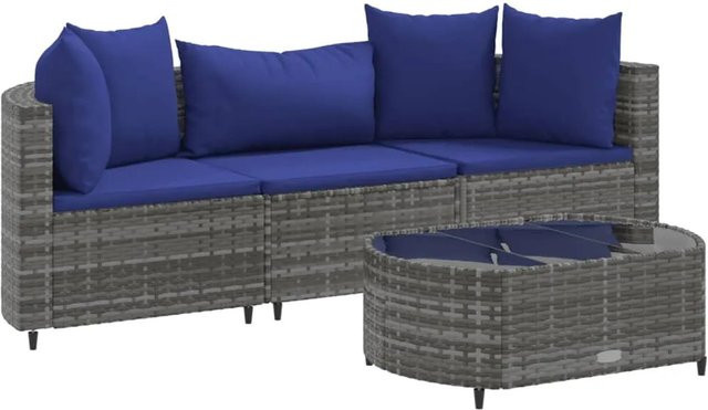 vidaXL 4-tlg Garten-Sofagarnitur in L-Form aus grauem Poly-Rattan mit Kissen und Couchtisch - Bild 1