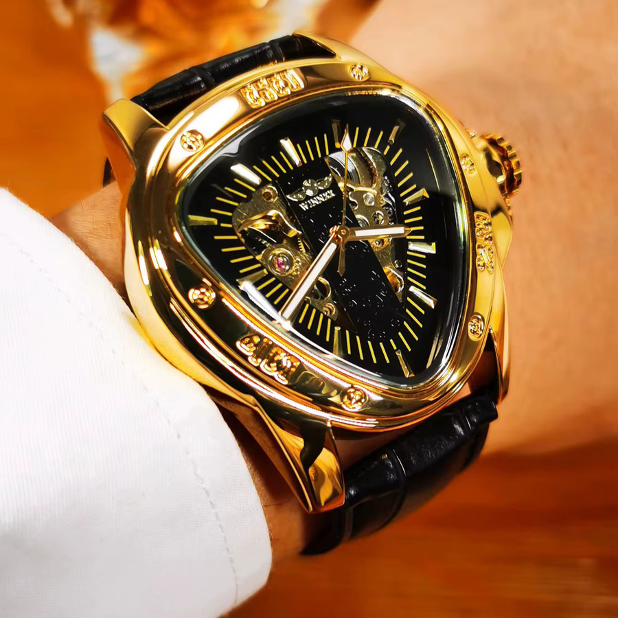 WINNER Sports Armbanduhr, Automatik, Gold, Tonneau, Edelstahl, Leder, Herren - Bild 4