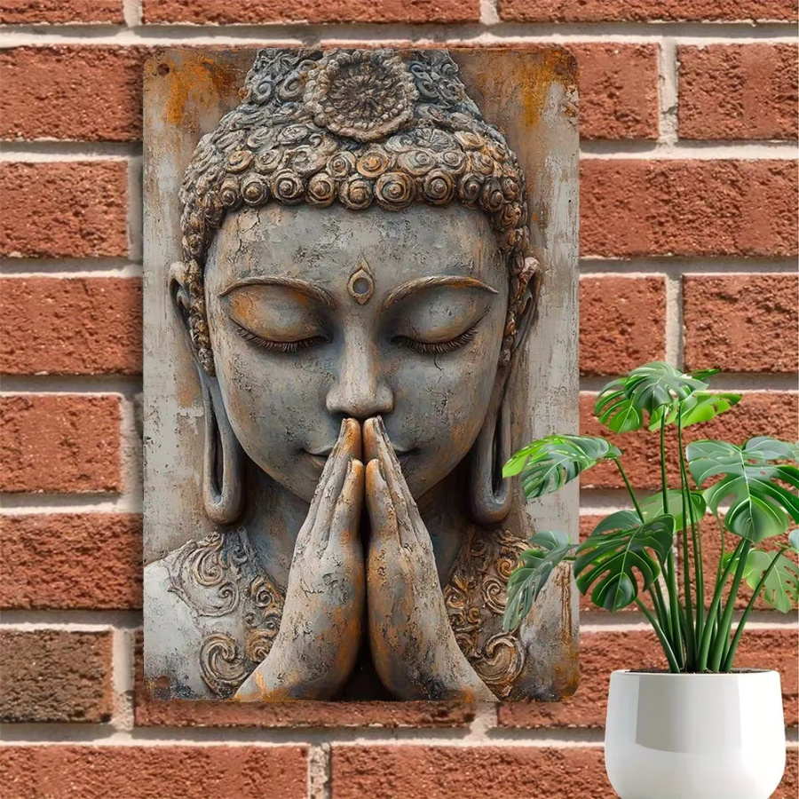 HELLOYOUNG Vintage Buddha Blechschild aus Aluminium in Gold, Rechteckiges Metalldekor für Haus und Garten, B: 30,0 cm, H: 20,0 cm - Bild 3