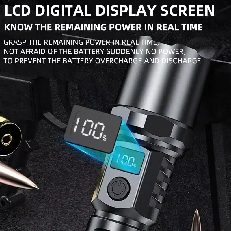 KDULIT LED Taschenlampe aus Aluminium in Schwarz, wiederaufladbare Hochleistungs-Taschenlampe mit Digitalanzeige und Zoom für Camping, Outdoor und Notfälle - Bild 3