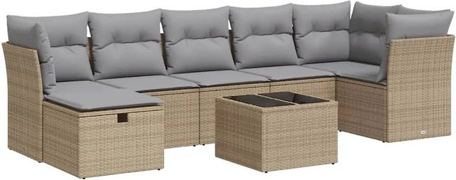 vidaXL 8-tlg. Garten-Sofagarnitur in L-Form aus Poly-Rattan mit Kissen und Couchtisch in Beige - Bild 1