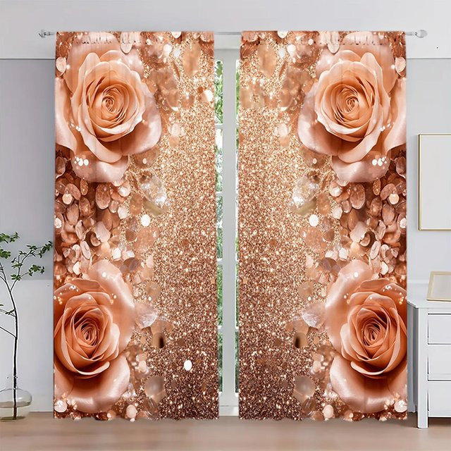 2er-Set Glitzernde Rose Vorhang mit Blumenmuster in Braun, halbtransparent, B: 52,5 cm, H: 116 cm - Bild 1
