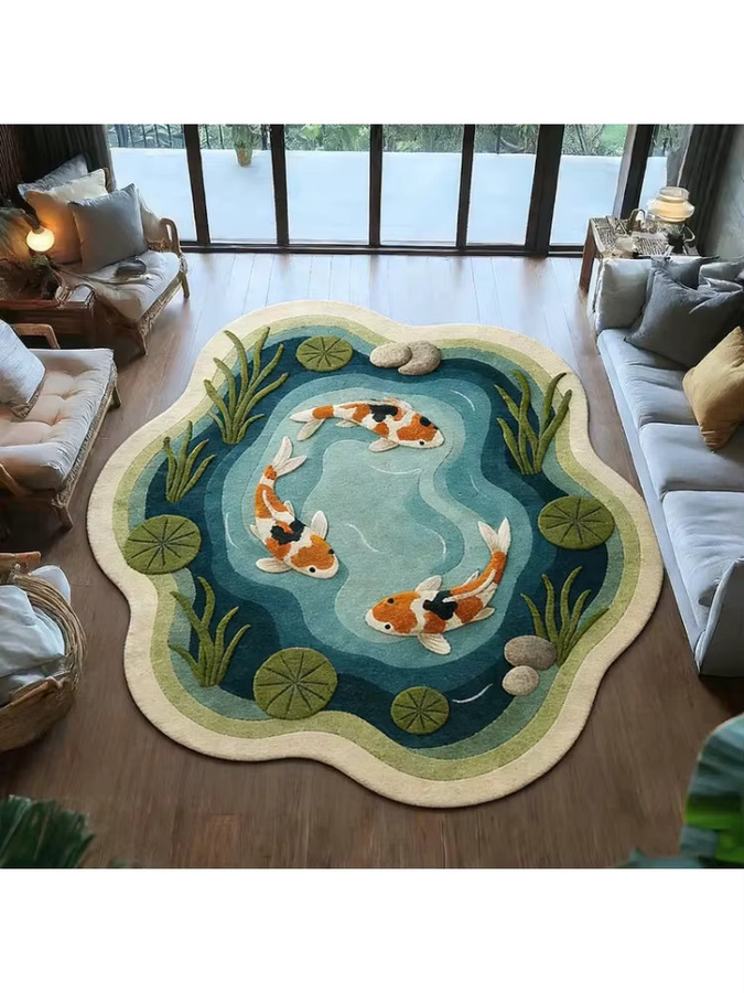 Runder VIKAMA Teppich mit Koi-Fisch-Muster in Multicolour, weich und rutschfest, Durchmesser: 160 cm - Bild 3