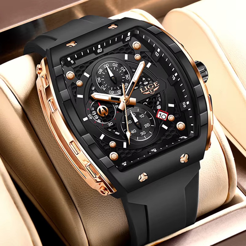 LIGE Chronograph Armbanduhr, Eckig, Quarz, Silikon, Schwarz, Herren - Bild 5