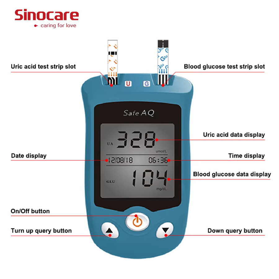 Sinocare 2 in 1 Safe AQ UG Harnsäure- und Blutzuckermessgerät mit U-Trips und G-Trips Schnelltests in Blau - Bild 4