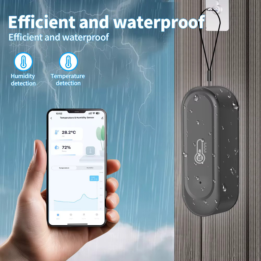 ONENUO Smart WIFI Temperatur und Feuchtigkeit Sensor IP65 Wasserdichtes Hygrometer mit Tuya App Unterstützung für Alexa und Google Home in Schwarz - Bild 4