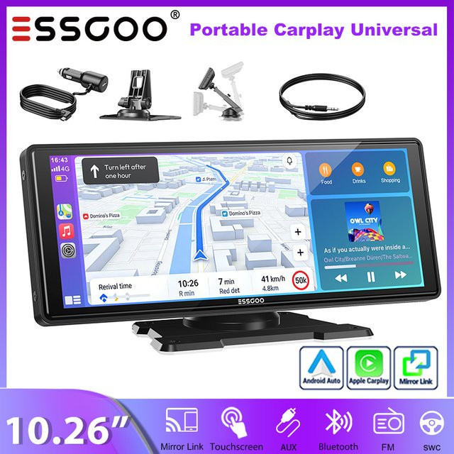 ESSGOO Tragbare kabellose Carplay und Android Auto Halterung mit Bluetooth und FM-Transmitter in Schwarz, 10,26 Zoll - Bild 1