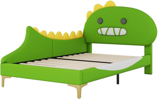KOMHTOM Kinderbett in Dinosaurier-Form aus PU und MDF, Grün, B/T/H: 90 x 200 x 110 cm - Bild 1