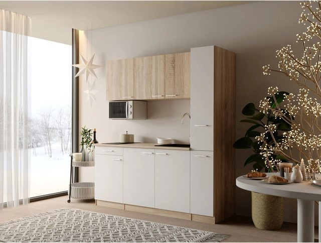 Respekta Ingrid Singleküche Weiß mit Mikrowelle und Apothekenschrank, Breite: 180 cm, Höhe: 200 cm, Tiefe: 60 cm - Bild 1