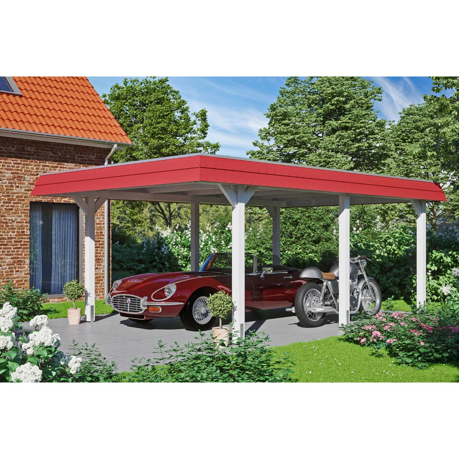 Skan Holz Carport Wendland aus Fichte in Weiß mit EPDM-Dach und Blende in Rot, B: 628 cm, T: 409 cm - Bild 2