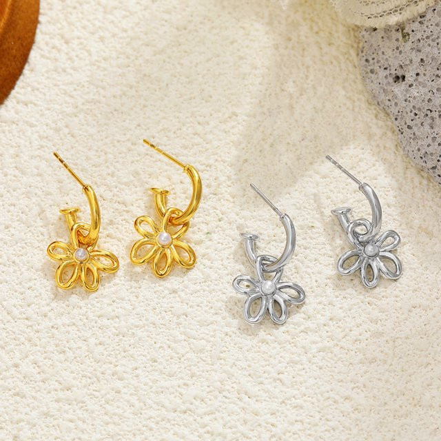 Erpels Creolen, Blumen-Anhänger-Ohrring, Imitationsperle, 18 Karat vergoldet, Edelstahl - Bild 1