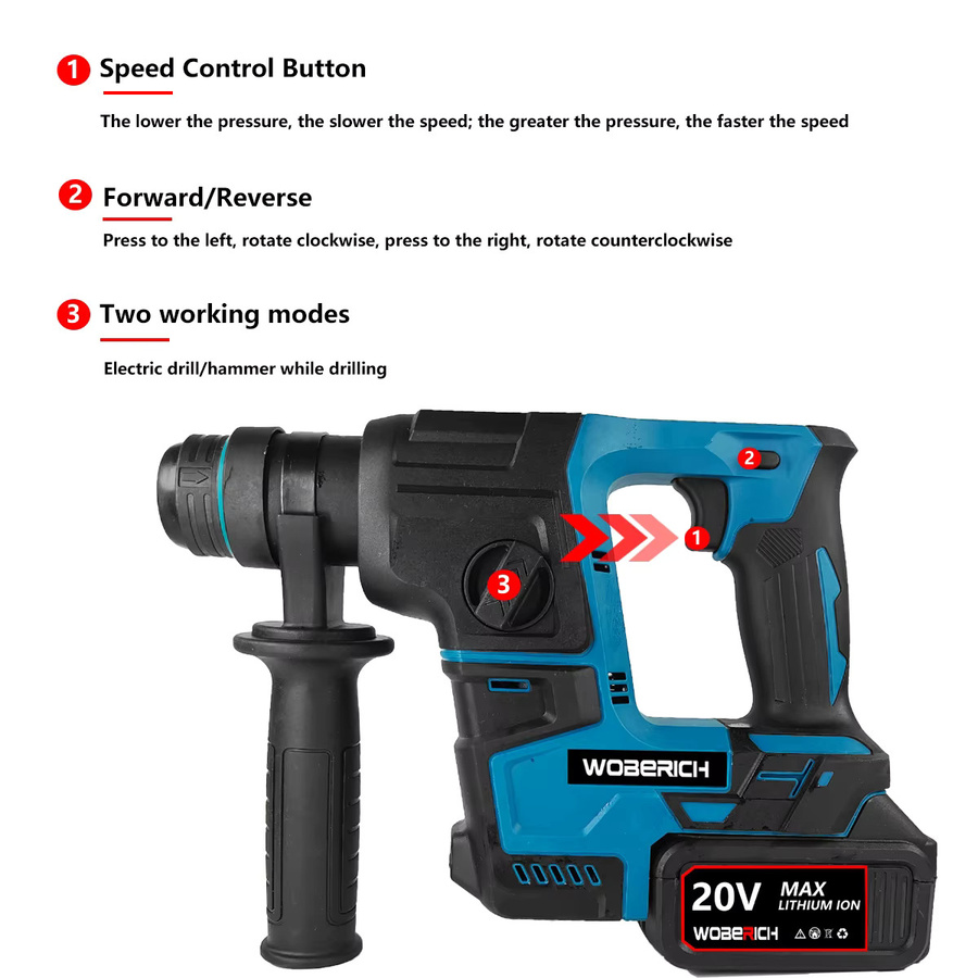 WOBERICH Elektrischer bürstenloser Bohrhammer, kabelloser Akku-Bohrhammer für Makita LXT 18 V, Schwarz - Bild 3