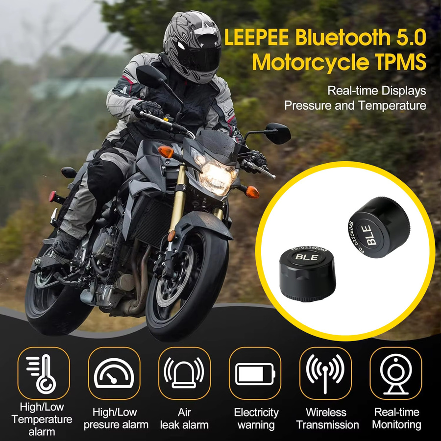 Jansite Motorrad Reifendruckkontrollsystem TPMS mit Temperaturwarnanzeige in Schwarz - Bild 3