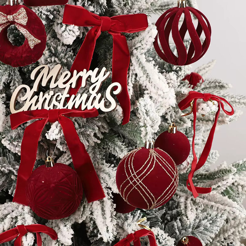 ZQNYCY 38-teiliges Set Weihnachtsdekoration aus Samt in Rot mit Christbaumkugeln, Sternen, Blumen und Baumspitze für deinen Weihnachtsbaum und zur Neujahrsdekoration - Bild 5