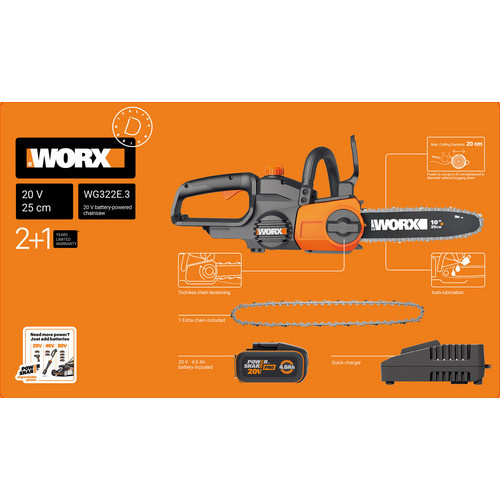WORX Akku-Kettensäge WG322E.3 mit Akku und Schnellladegerät, 20 V, Schwarz-Orange - Bild 2