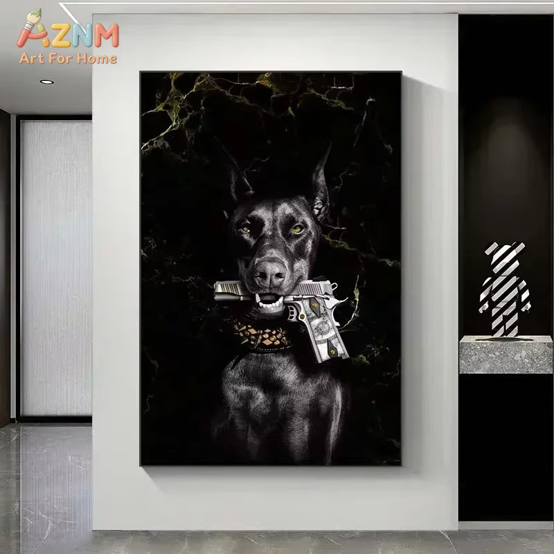 AZNM Leinwand-Wandkunst Dobermann Tierporträt in Schwarz-Gold für dein Wohnzimmer oder Schlafzimmer - Bild 3