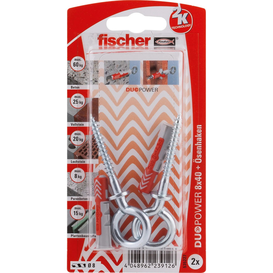 Fischer DuoPower Dübel aus Nylon mit Ösenhaken, Durchmesser: 8 mm, Länge: 40 mm, 2 Stück, mehrfarbig - Bild 2