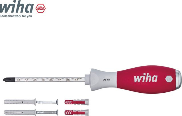 Wiha 41289 Dübel-Schläger-Set mit SoftFinish-Wasserhahnschraubendreher und PH2-Positionierungsstift in Rot - Bild 1