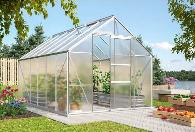 Vitavia Gewächshaus Merkur mit 9,9 m² Fläche, silberfarbenes Aluminium, Polycarbonat-Platten, Schiebetür und 2 Dachfenstern - Bild 1