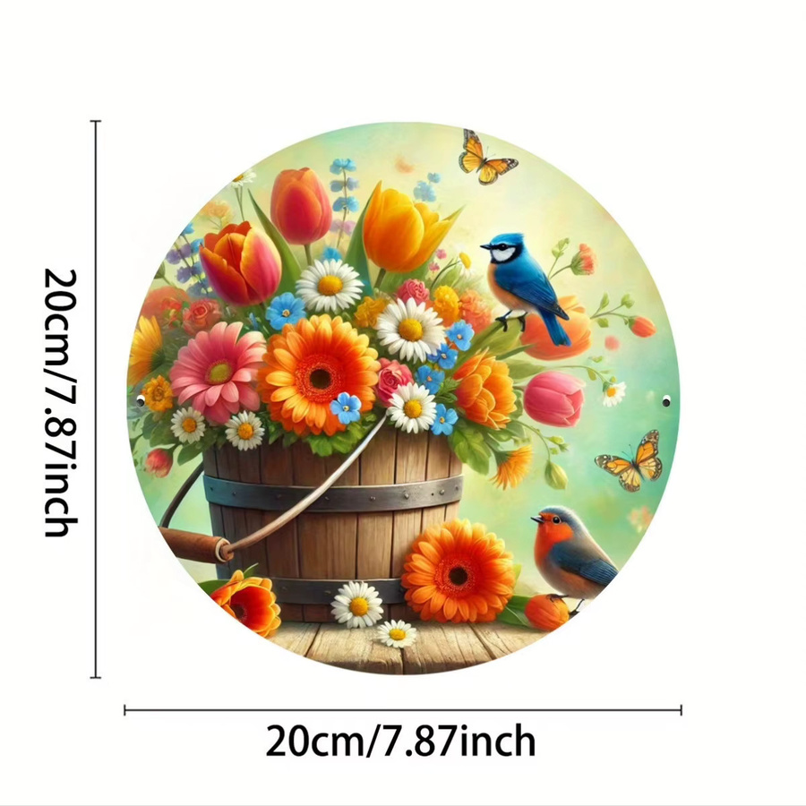 Rustikales Blumenkranz-Wandschild von Potdemiel aus Metall mit bunten Blumen und Vögeln, rundes Wandkunstwerk für dein Zuhause, Durchmesser: 20 cm - Bild 2