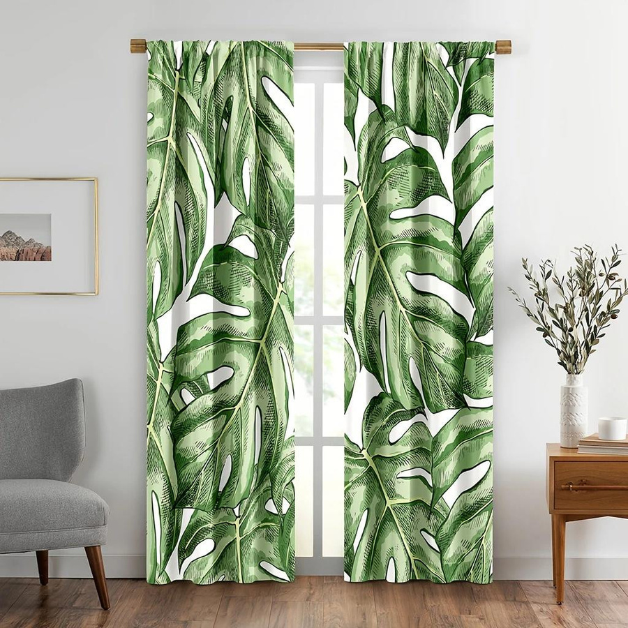 Yiran Furniture Vorhänge mit tropischem Blattmuster im hawaiianischen Stil, 2er-Set, Grün, B: 35 cm, H: 100 cm - Bild 2