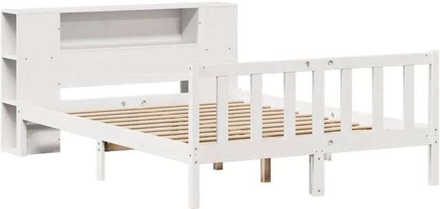 vidaXL Massivholzbett aus Kiefer mit Regal in Weiß, rustikaler Stil, ohne Matratze - Bild 1