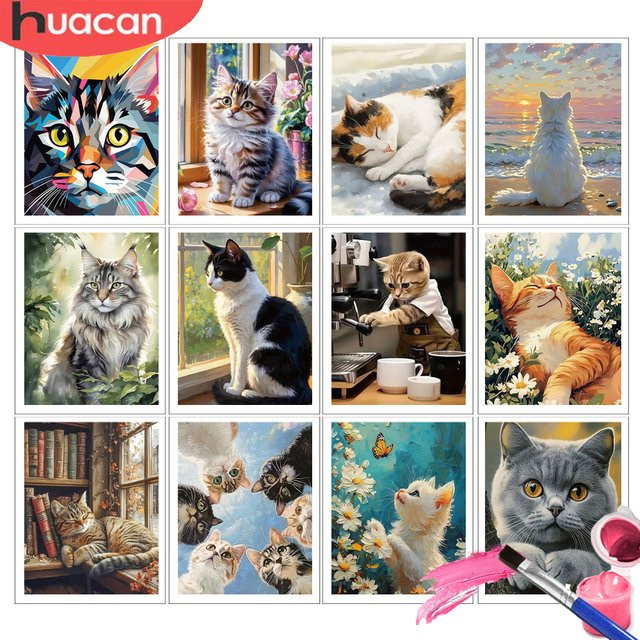HUACAN Malen nach Zahlen für Erwachsene mit Katzenmotiv als handgemachtes Bild auf Leinwand in Multicolor - Bild 1