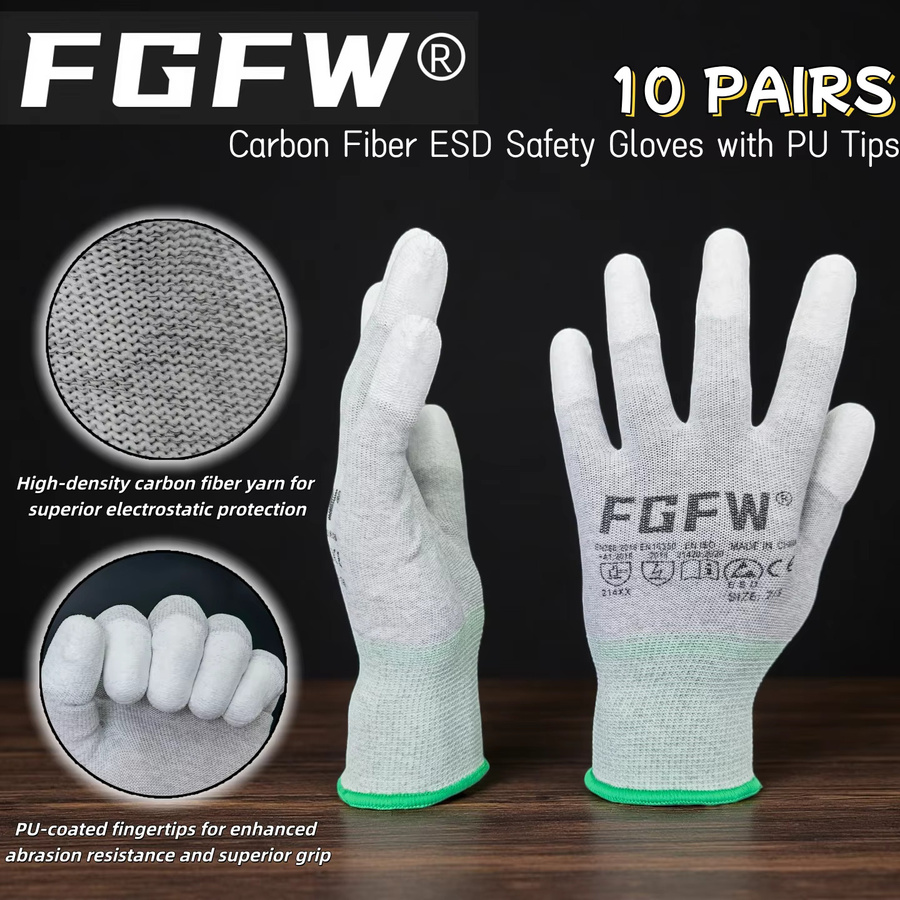 FGFW ESD-Sicherheitshandschuhe in Grau, 10 Paar antistatische Kohlefaser-Handschuhe mit PU-Griffspitzen für die Elektronikmontage, Größe S - Bild 3