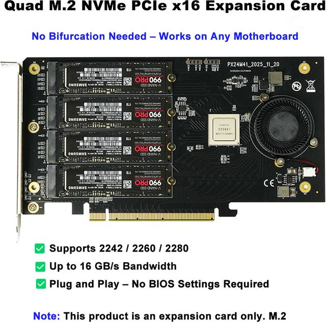 Lekuo 4-Port M.2 NVMe PCIe 4.0 Switch-Erweiterungskarte für Mac und PC Workstation - Bild 1