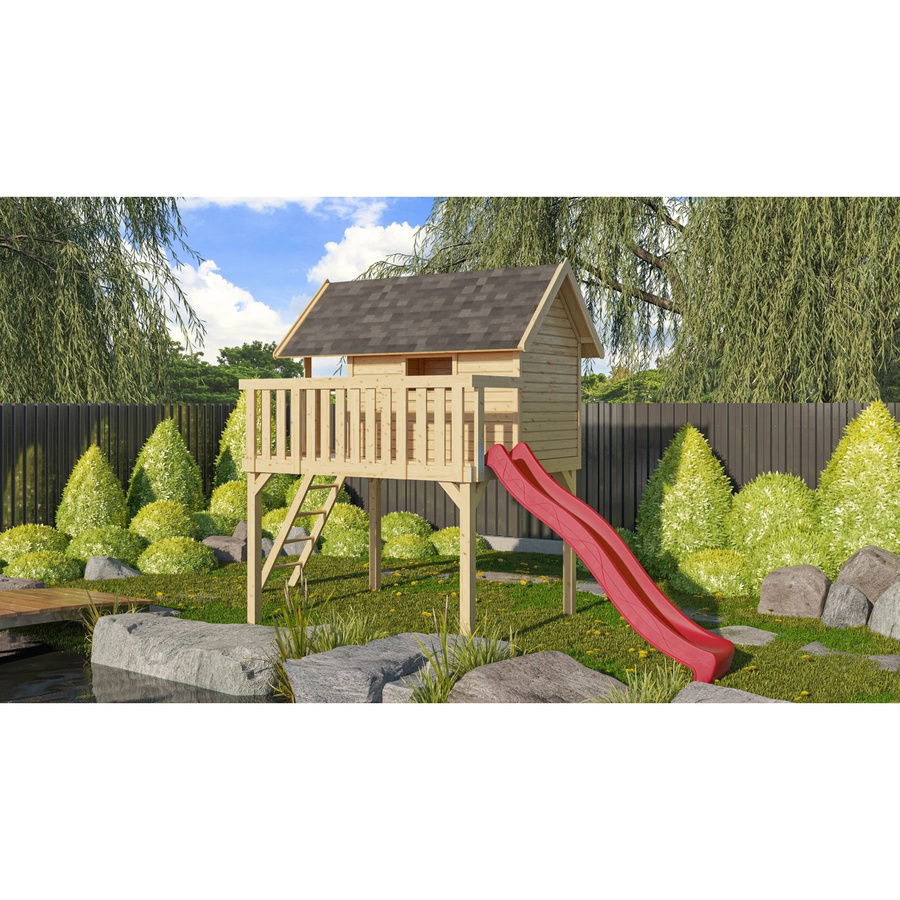 Karibu Stelzenhaus Fidel Set Natur mit Wellenrutsche in Rot, Spielturm B/H/T: 198 x 329,5 x 243 cm, Natur-Braun - Bild 2