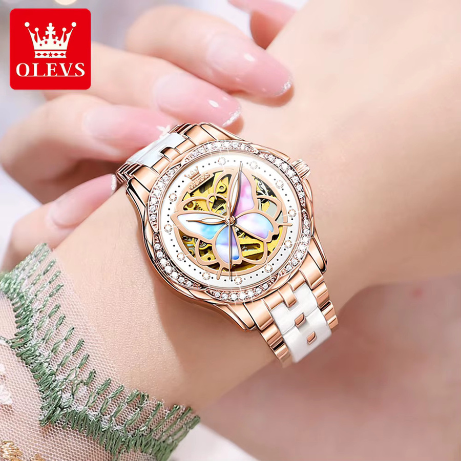 OLEVS Armbanduhr Automatik, Roségold, Diamant, Leder, Damen - Bild 3