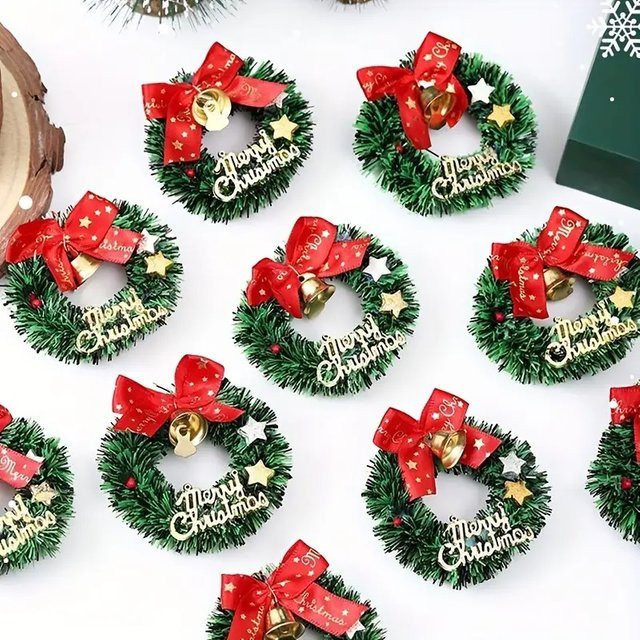 20 Stück Mini-Weihnachtskränze von DUTRIEUX mit roten Schleifen und Glocken in Grün und Rot zur festlichen Dekoration für Weihnachten, Neujahr, Hochzeit oder Geburtstag - Bild 1