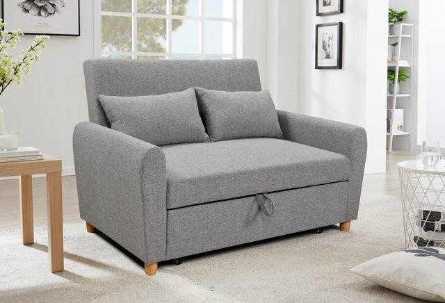 Happy Home 2-Sitzer Sofabett mit Schlaffunktion und Kissen, Hellgrau, B/T/H: 139 x 96 x 88 cm - Bild 1