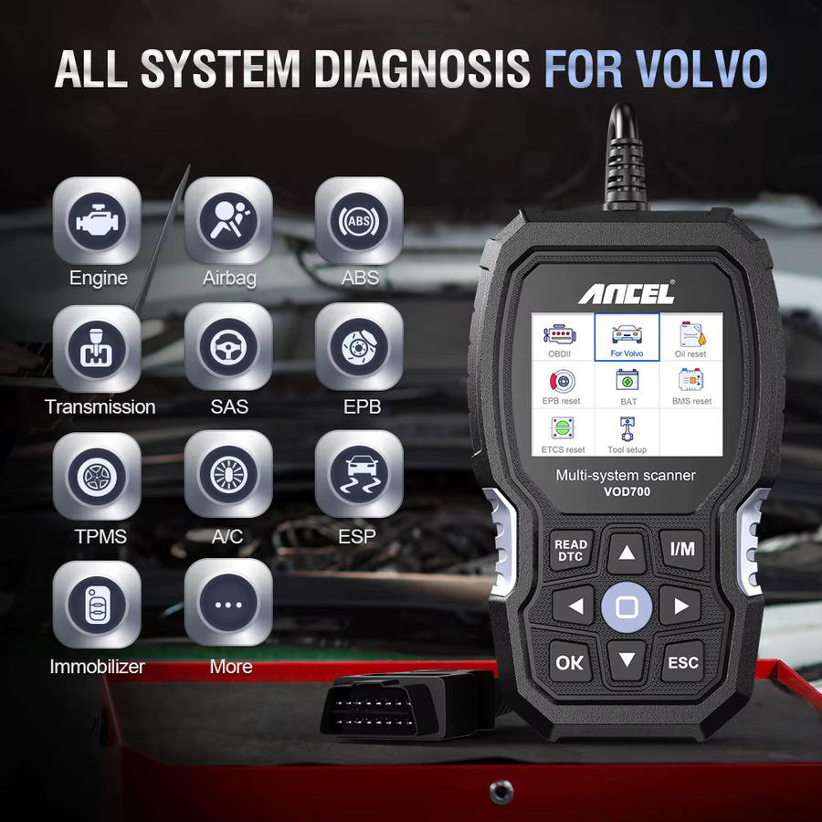 ANCEL VOD700 OBD2 Scanner Diagnosegerät für Volvo in Schwarz mit ABS, Injektor, Öl, ETC, BMS, EPB, TPMS und DPF Reset Funktionen - Bild 2