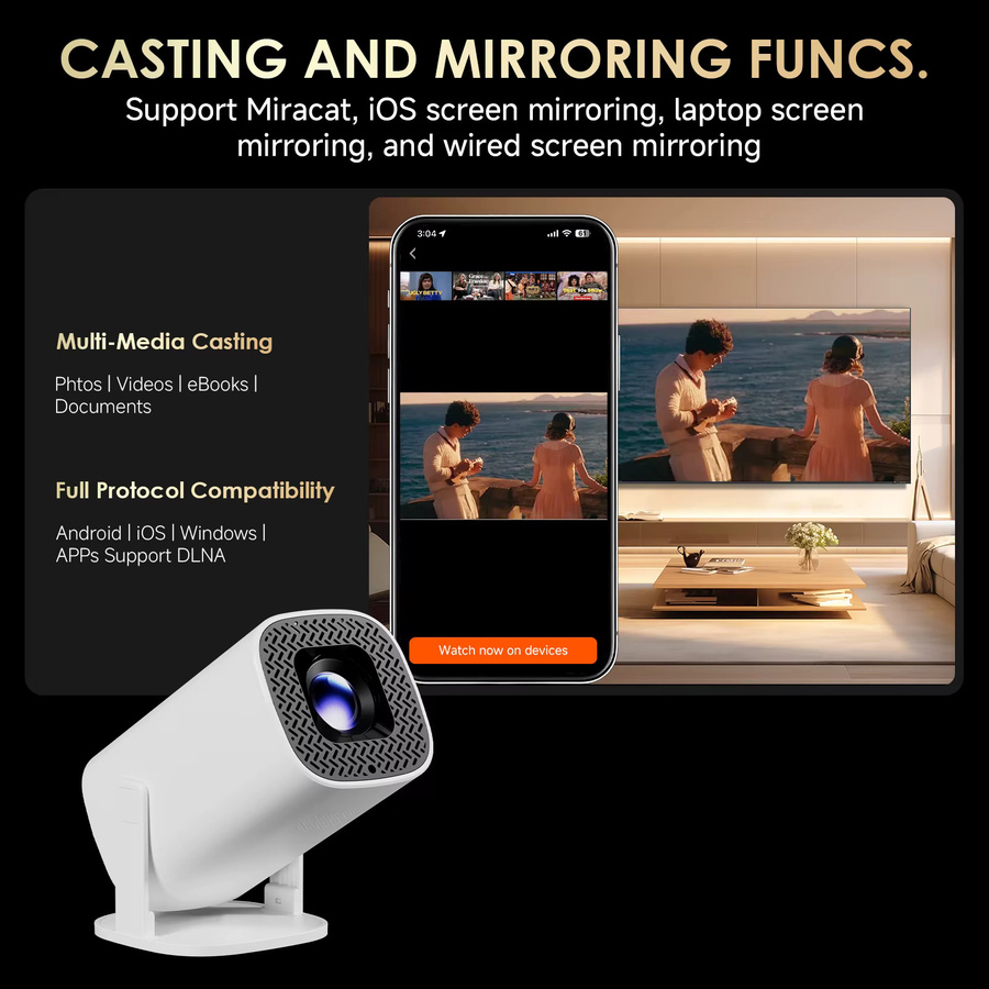 HONGTOP P30PLUS Smart Mini Projektor in Weiß mit 4K Unterstützung, 1280*720P HD Auflösung und WiFi6 für dein Heimkino - Bild 2