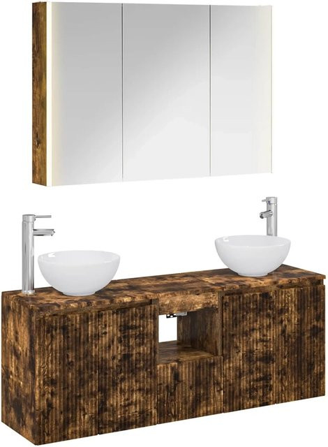 vidaXL Badezimmerschrank-Set 4-teilig aus Holz in Geräucherte Eiche, modern und wandmontiert mit LED-Beleuchtung und Spiegelschrank, Farbe: Braun - Bild 1