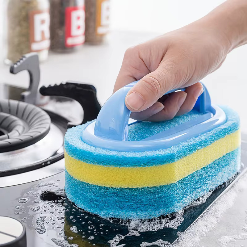 Blaue Reinigungsbürste mit Griff und starkem Scheuerschwamm für Küche und Badezimmer - Bild 3