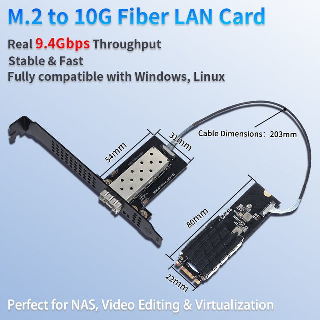 Lekuo 10GbE SFP+ M.2 Adapter RTL8127ATF PCIe 3.0 X2 Glasfaser-Netzwerkschnittstellenkarte für NAS-Server, Schwarz - Bild 1