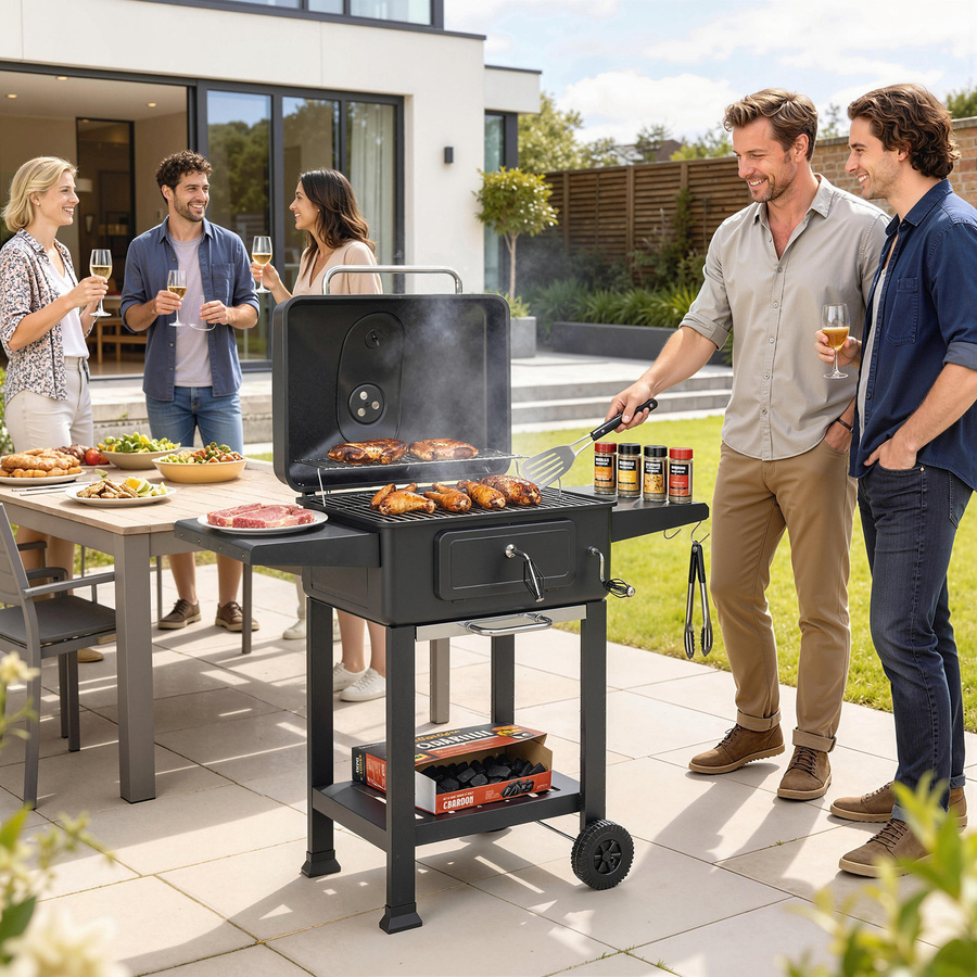 Outsunny BBQ Smoker Holzkohlegrill mit Deckel, Thermometer und Seitentisch, Grillwagen mit Rädern für Garten und Camping, Marke Aosom - Bild 2