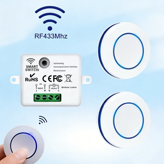 GGBEE Drahtloser 433MHz 10A Relais-Empfänger mit rundem Wandpanel-Fernbedienung-Lichtschalter in Weiß für LED-Lampen (220V) - Bild 1