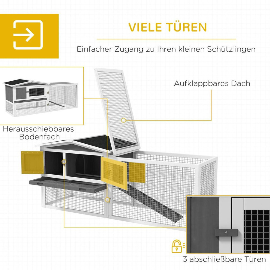 PawHut Kaninchenstall aus Holz mit Freilaufgehege und 2 Etagen, Hellgrau, B/T/H: 156 x 58 x 68 cm - Bild 3
