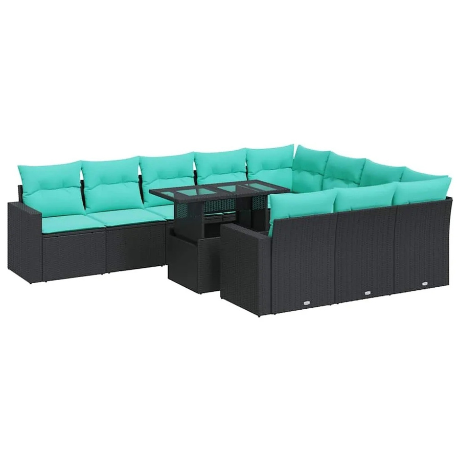 vidaXL 11-tlg. Garten-Sofagarnitur in U-Form aus Polyrattan und Akazie mit Kissen, Schwarz und Blau - Bild 2
