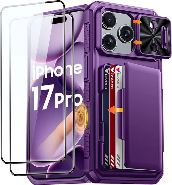 BANGZAO Wallet Case für iPhone 17 Pro mit Kartenhalter, Schiebe-Kameraabdeckung und Standfunktion in Lila - Bild 1