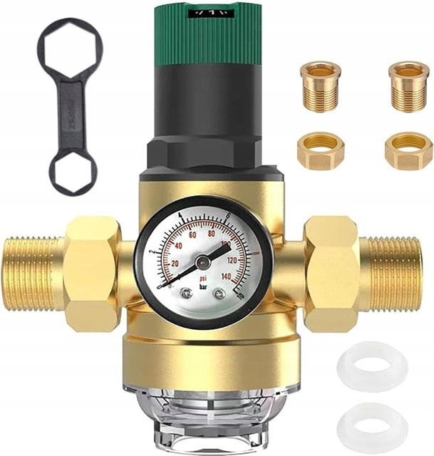 Wasserdruckminderer DN25 aus Messing in Gold mit Manometer und Siebfilter, 3/4 Zoll - Bild 1