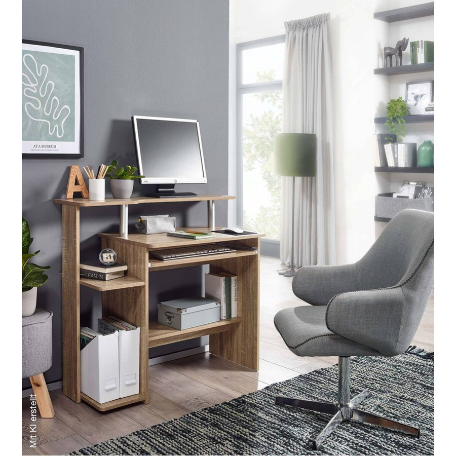 Wohnling Computertisch Eiche Sonoma Nachbildung, Farbe Beige/Braun, B/H/T: 94 x 90,5 x 48,5 cm - Bild 4